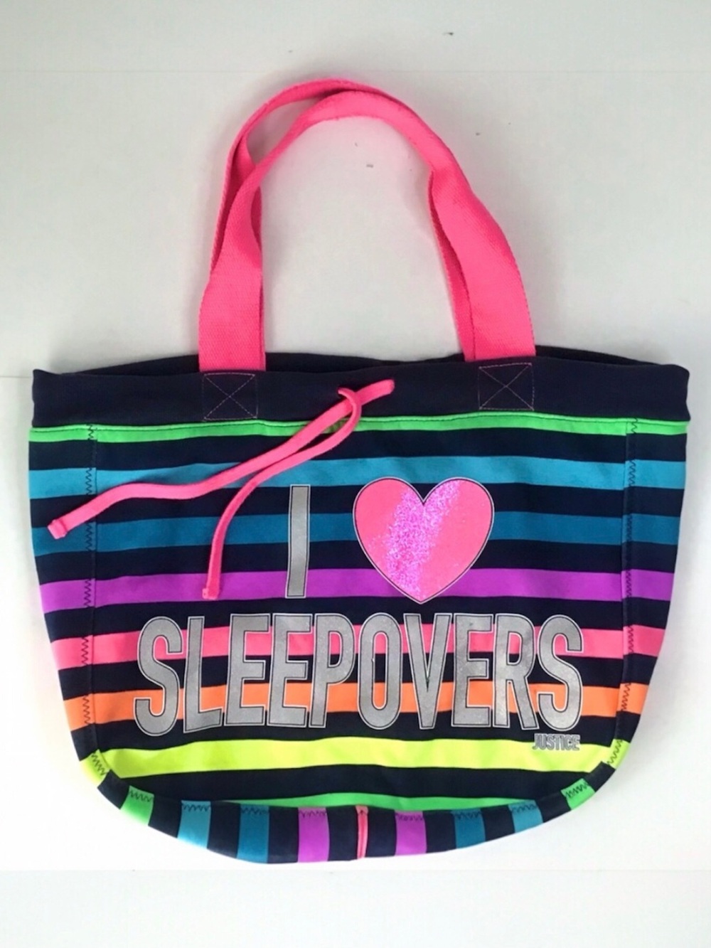 Justice Tote Bag I Love Sleepovers Glitter Heart Rainbow Stripes Drawstring Soft